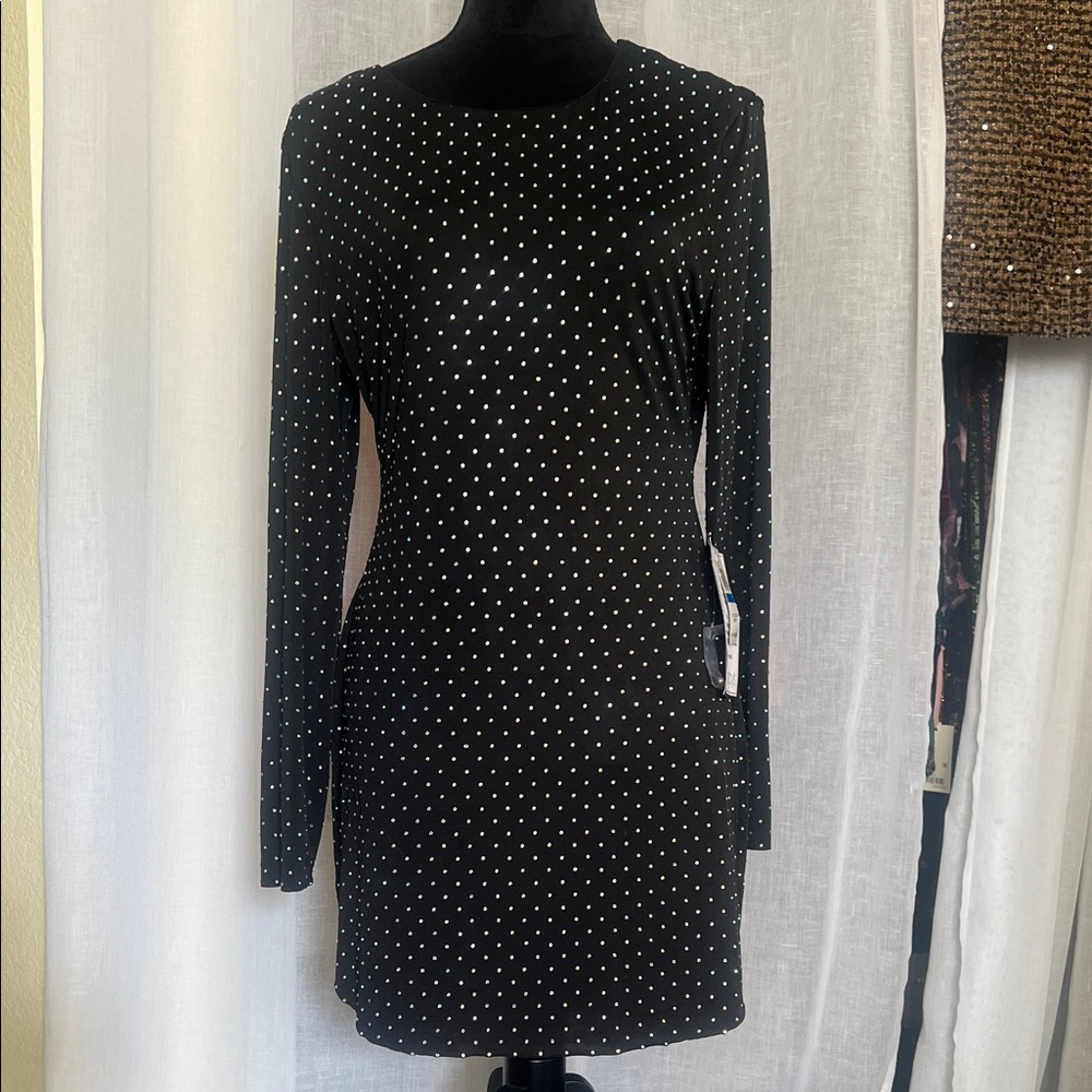 B Darlin Black Long Sleeve Dress with silver gold and blue rhinestones
